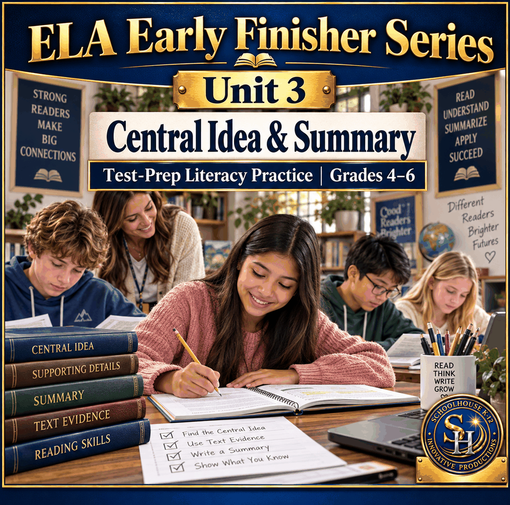 ELA Early Finisher Series Unit 3: Central Idea & Summary, Grades 4th–6th